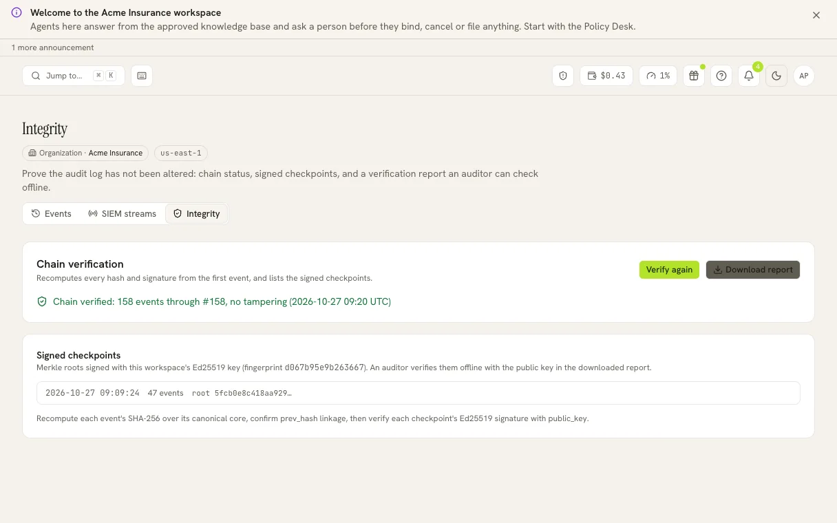 The audit integrity screen showing a verified chain of 158 events and a signed checkpoint.