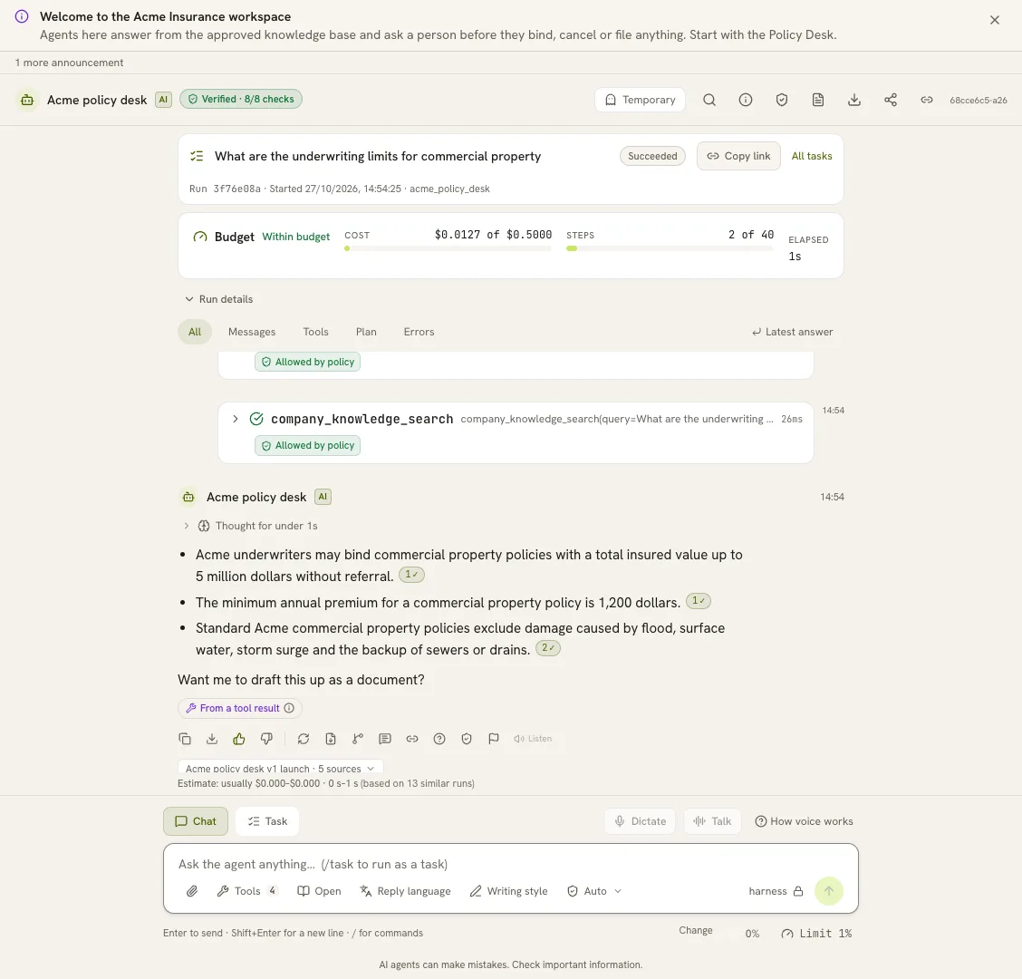 An agent answers an underwriting question with cited sources, each tool call marked as allowed by policy.